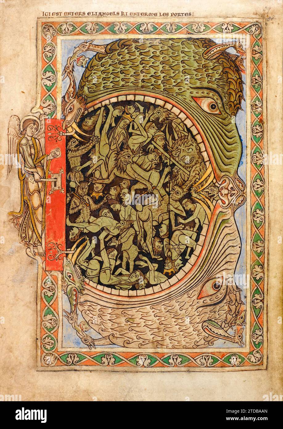 Hellmouth / Gates of Hell / Jaws of Hell from the 12th century illuminated manuscript Winchester Psalter showing the open mouth of a vast monster representing the gates of hell being locked by Archangel Michael. Stock Photo