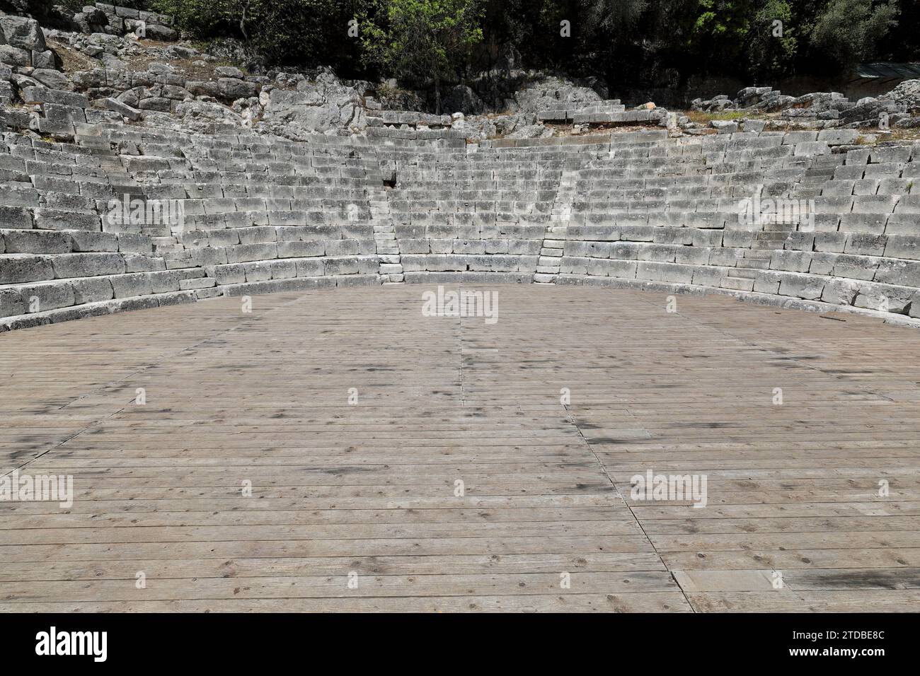 142 Cavea and orchestra, Hellenistic theatre dated in the mid-3rd.century BC, Butrint archaeological site. Vlore county-Albania. Stock Photo