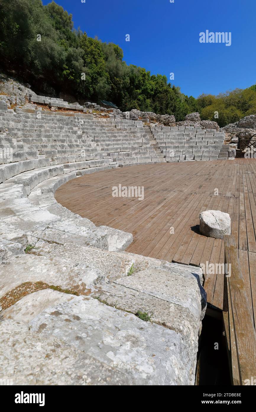 144 Cavea and orchestra, Hellenistic theatre dated in the mid-3rd.century BC, Butrint archaeological site. Vlore county-Albania. Stock Photo