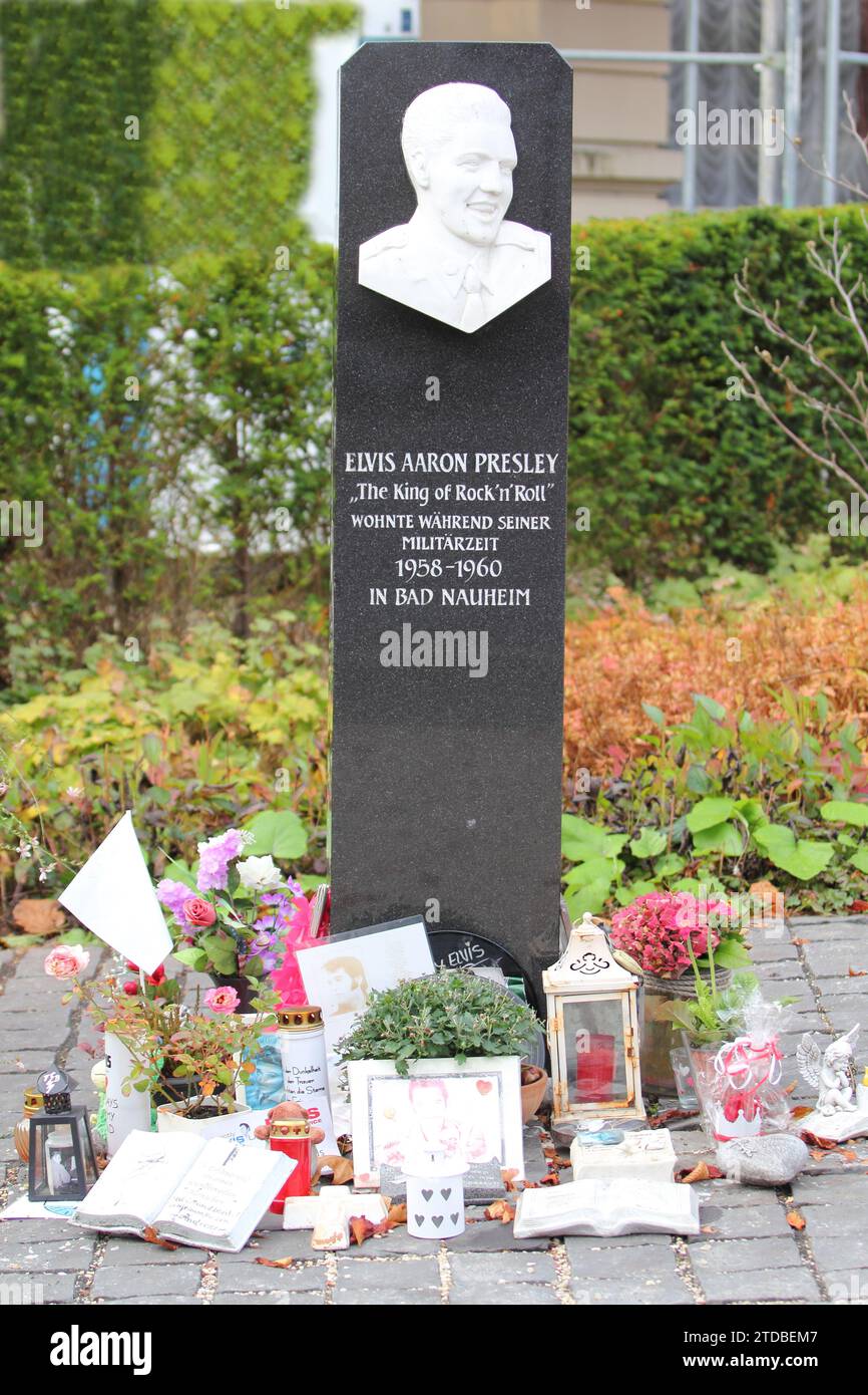 Bad Nauheim, Germany October 14, 2016: Built in 1995, the stele stands in front of the Hotel Grunewald, where Elvis Presley lived from 11.10.1958 to 3 Stock Photo