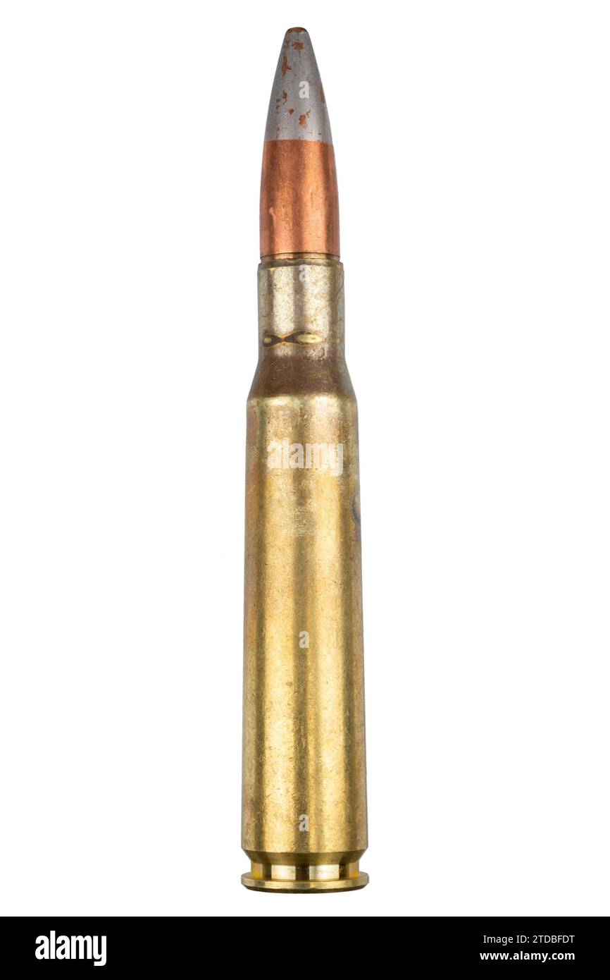 The .50 caliber Browning Machine Gun cartridge, also known as the .50 BMG cartridge. Isolated on white background. Stock Photo