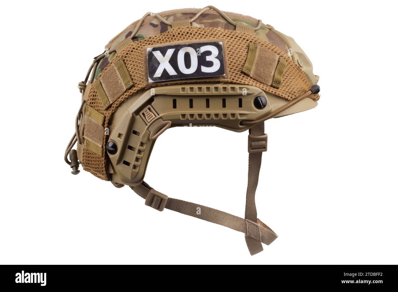 Camouflaged military helmet isolated on white background Stock Photo ...