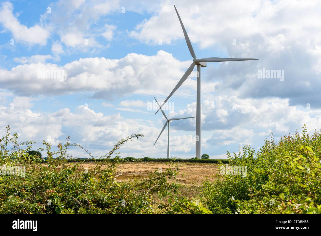 Wind turbines in the English countryside on a sunny summer day Stock Photo