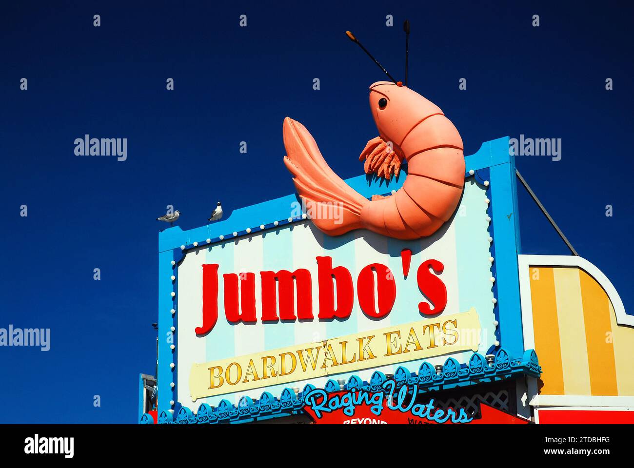 A jumbo shrimp hangs from a diner’s sign on the boardwalk on the Jersey Shore in Wildwood, New Jersey Stock Photo