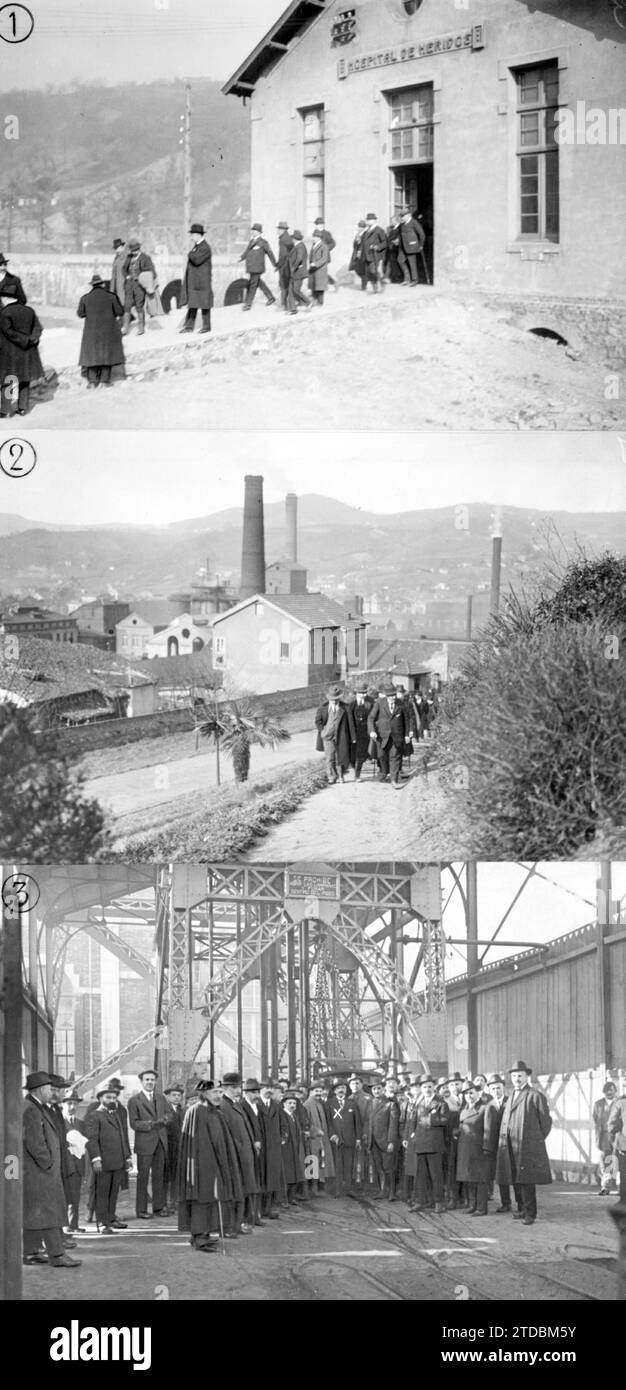 01/01/1918. The trip of the Minister of Public Works. In Duro-Felguera. 1, upon leaving the Mineros hospital. 2, in the Metallurgical factory. 3, Mr. Alcalá Zamora (X) Getting ready to go down to the Jondon mine, of which he visited a gallery 200 meters deep. Credit: Album / Archivo ABC / Julio Duque Stock Photo