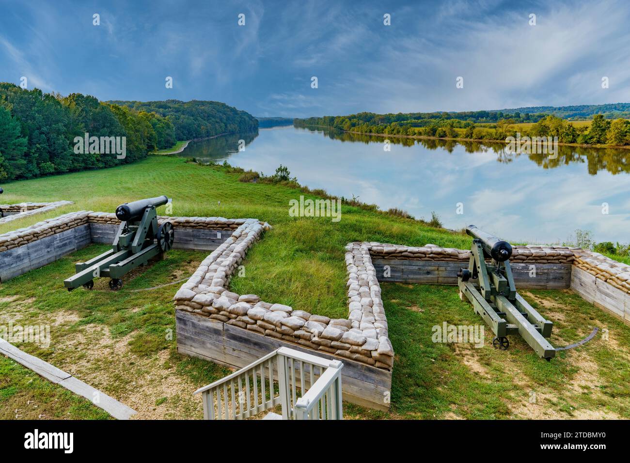 Canon Battery along the Cumberland River running through Fort Donelson National Battlefield in Dover, Tennessee. Stock Photo
