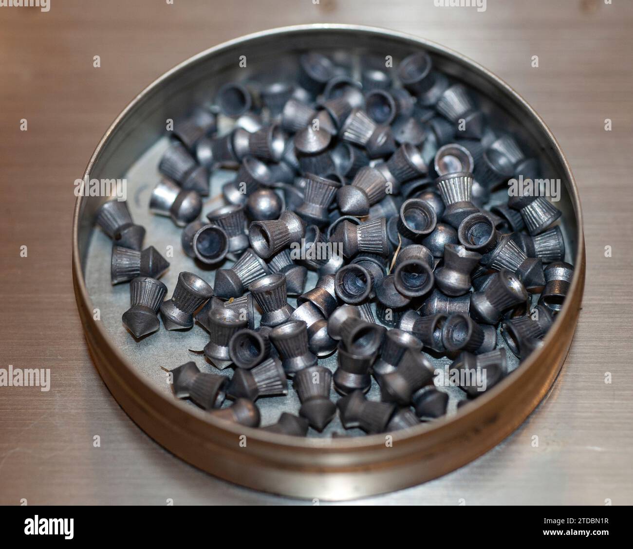 tin of pointed lead airgun pellets 0.20 calibre Stock Photo