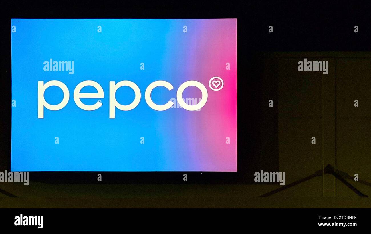 Pepco logo on hypermarket. Pepco as a retail brand belongs to Pepco Group which also owns Poundland or Dealz. The Groups small to medium sized Stock Photo