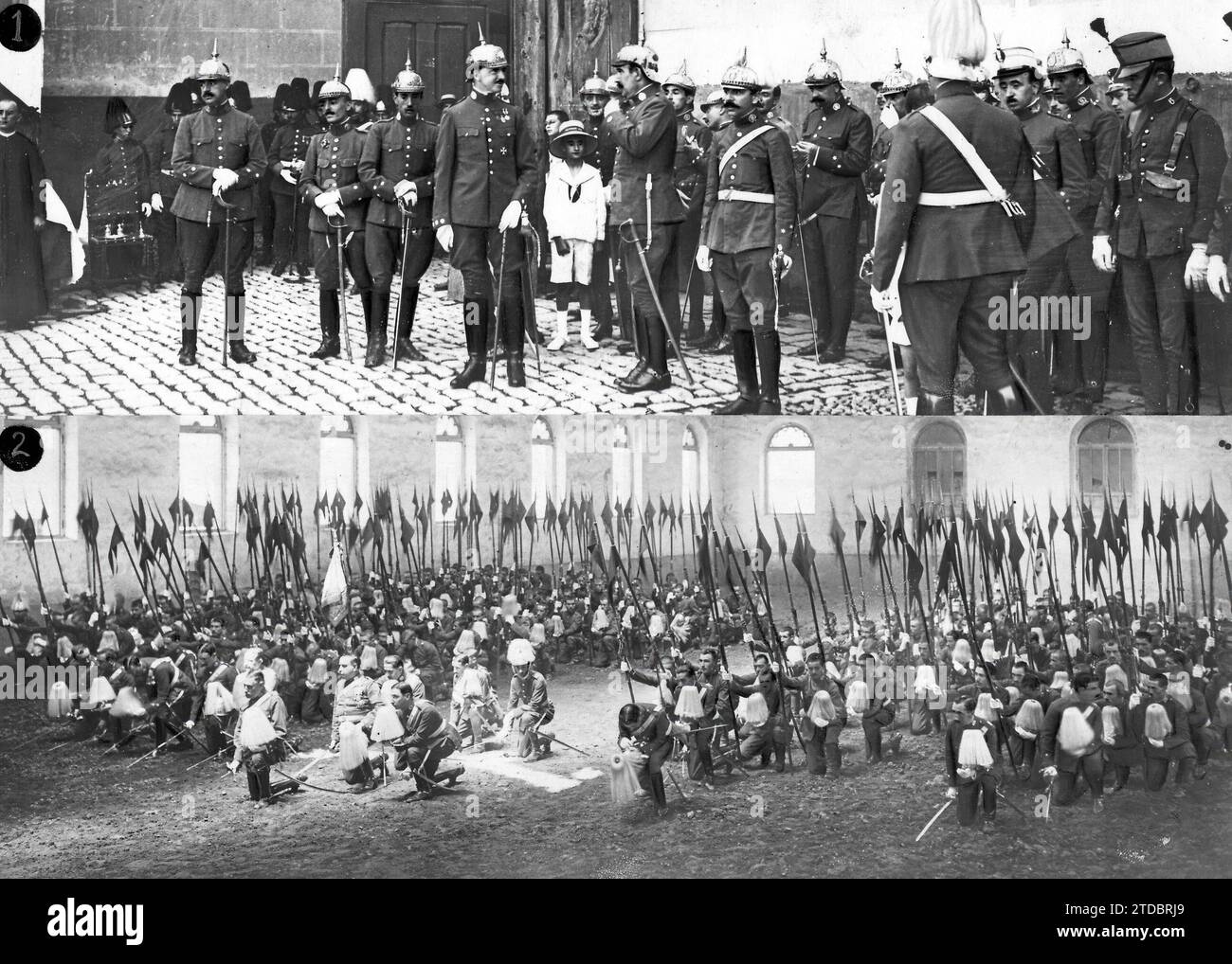 07/24/1918. The festival of Santiago Apostol in Madrid. 1.-HRH the Infante D. Fernando Conversing after the campaign mass with the officers of the Lanceros del Príncipe regiment, of which he is a colonel. 2.-The Soldiers of the Queen's Lancers Regiment Listening to the Mass Celebrated Yesterday Tomorrow at the Count-Duke's Barracks. Credit: Album / Archivo ABC / Julio Duque Stock Photo