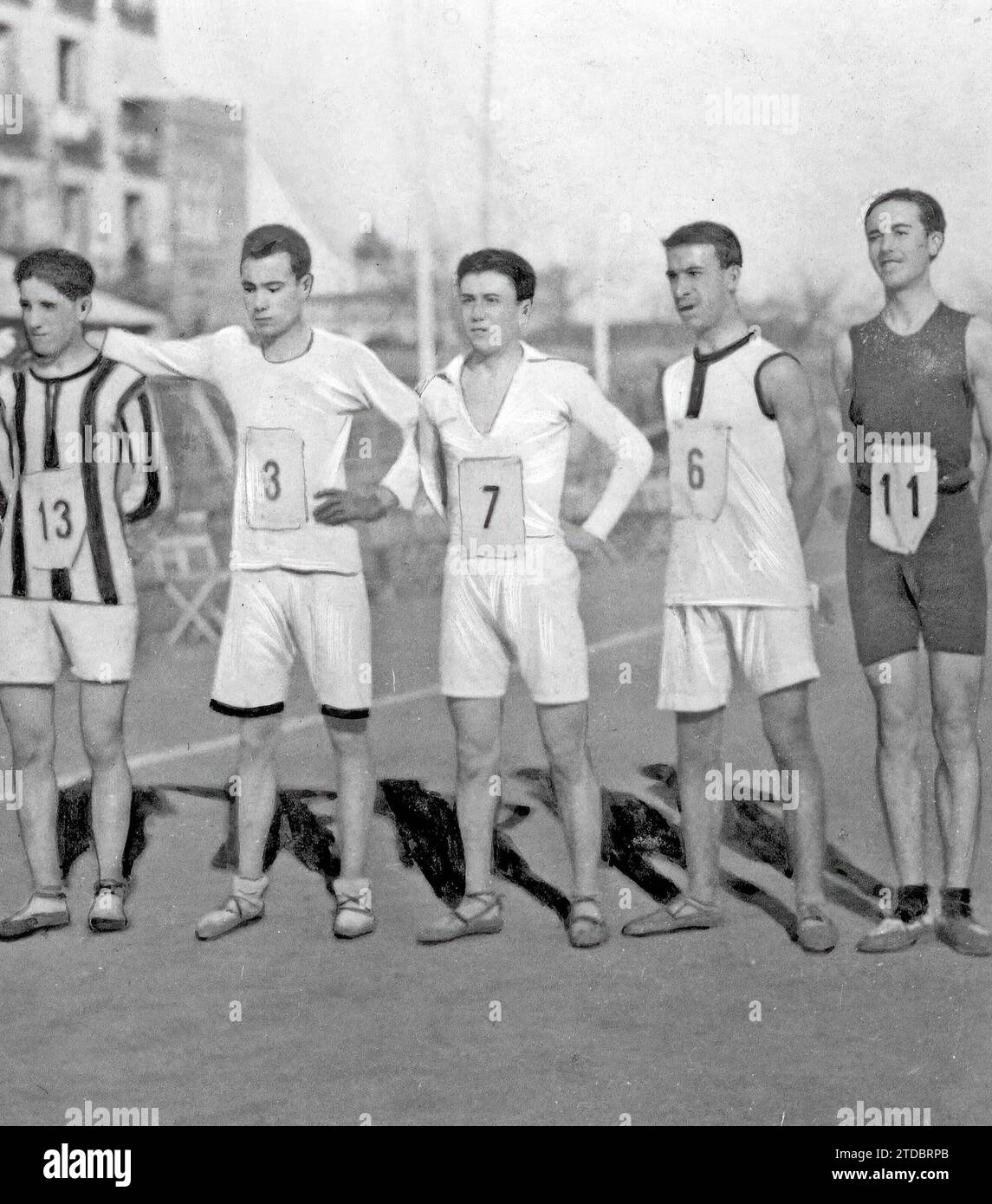 12/31/1916. Foot Races. The Winners of the 'Cros-Country' of Gymnastics. From left to right: 1.-Emilio González; 2.-Hilario Valencia; 3.-Francisco Morales; 4.-Antonio Fernández and 5 Gonzalo Leyra. Credit: Album / Archivo ABC / Julio Duque Stock Photo