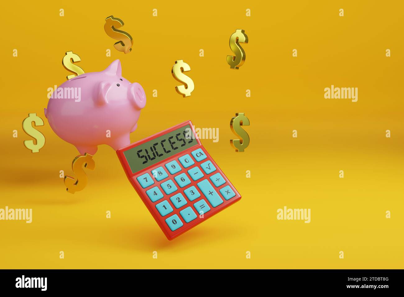 Calculator with the word success on the screen next to a piggy bank and dollar signs with copy space. 3d illustration. Stock Photo