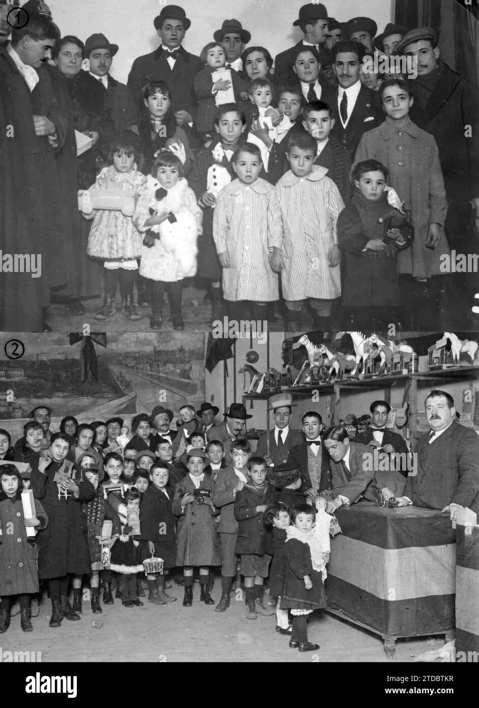 01/05/1918. The festival of the Three Wise Men in Madrid. 1.-group of attendees at the distribution of toys carried out by the Maurist youth in Romea. 2.-distribution of toys at the Hijos de Madrid center. Credit: Album / Archivo ABC / Ramón Alba,Julio Duque Stock Photo