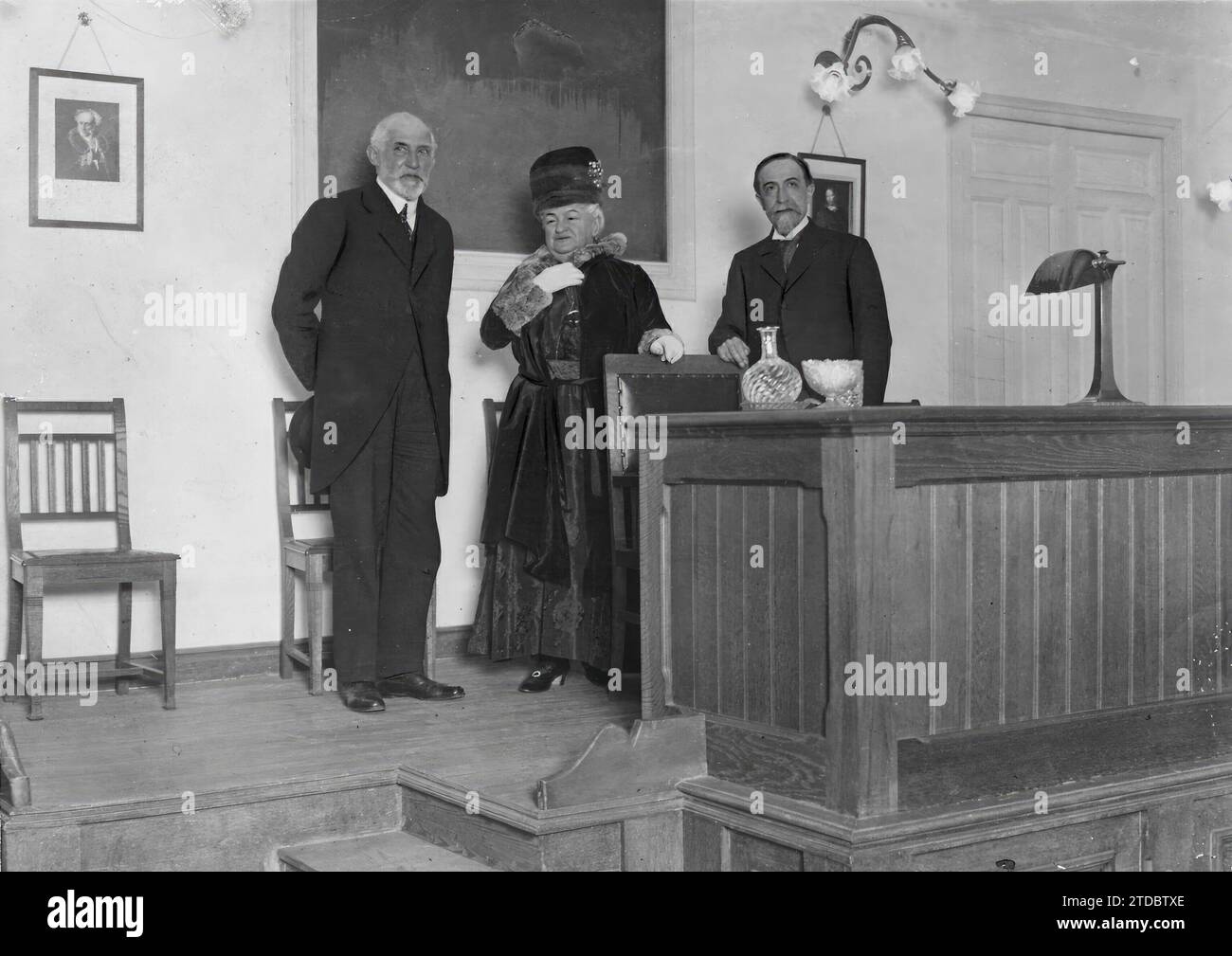 04/09/1917. At the French institute. M. Martineche (X), professor at the Sorbonne, with the Countess of Pardo Bazán and the director of the Institute, M. Merimee, after the conference with which the former inaugurated the series yesterday afternoon. Credit: Album / Archivo ABC / Julio Duque Stock Photo
