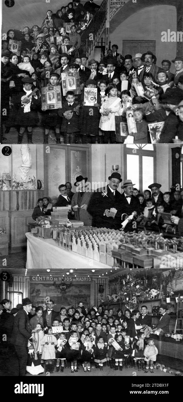 01/05/1919. Toy deliveries in Madrid. 1.-distribution Made by the Maurist youth in the Fuencarral cinema. 2.- the Mayor (X) in the distribution of Verified Toys in the Aguirre Schools. 3.-in the center of Hijos de Madrid. Credit: Album / Archivo ABC / Julio Duque,José Zegri Stock Photo