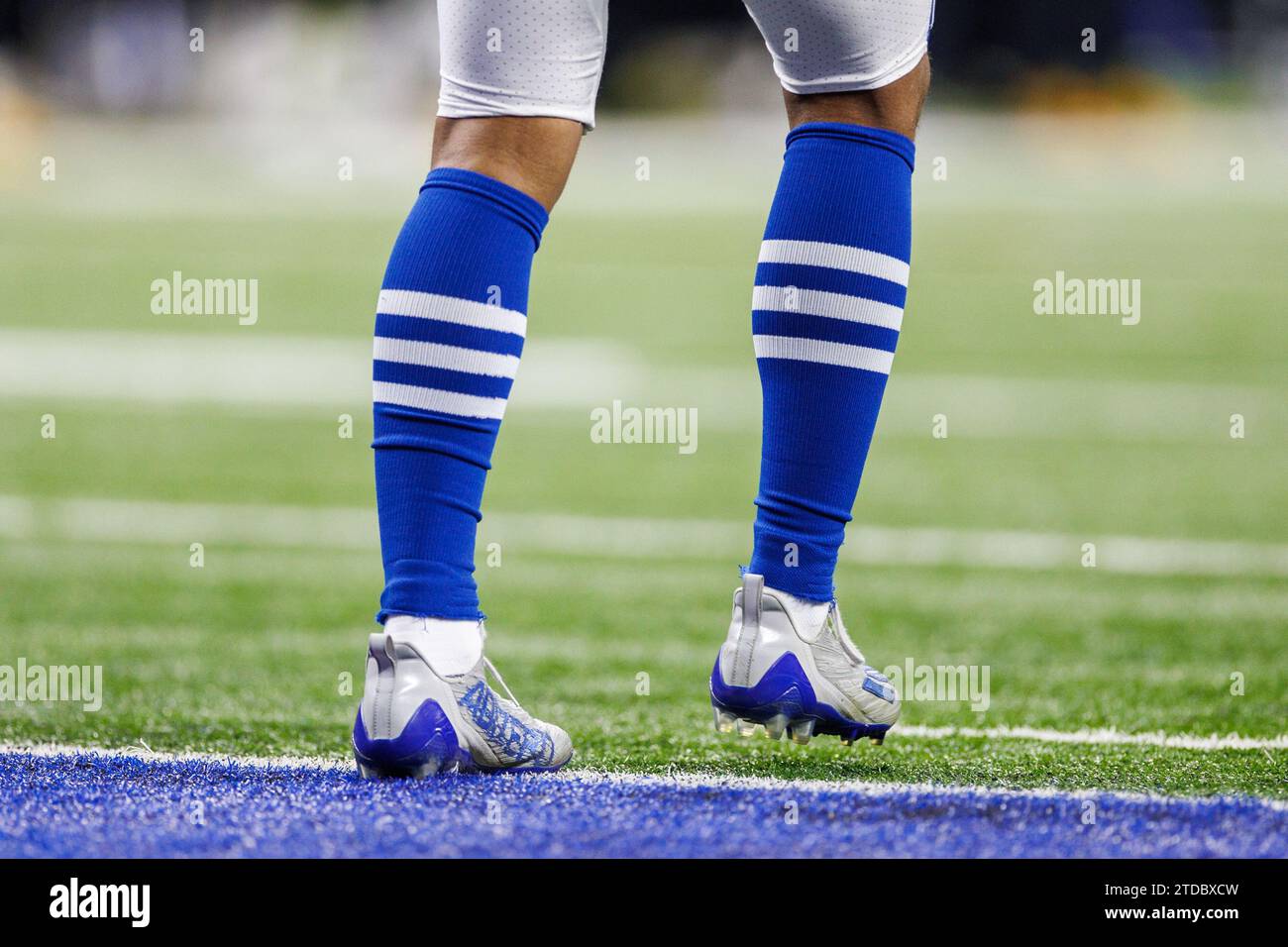Indianapolis, Indiana, USA. 16th Dec, 2023. Indianapolis Colts retro uniform socks during NFL game against the Pittsburgh Steelers at Lucas Oil Stadium in Indianapolis, Indiana. Indianapolis defeated Pittsburgh 30-13. John Mersits/CSM/Alamy Live News Stock Photo