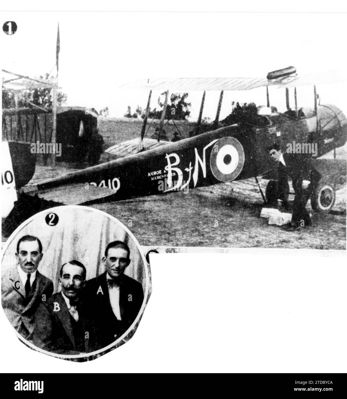 Airplane Carrying ABC Madrid-Seville - the 'Aviation Transport' Plane, with the Acronyms 'Black and White' on the fuselage Served the Seville-Madrid postal line Established in 1919. In the Circle photograph, Captain Collier, airplane pilot; The 'Graphic Reporter' Mr. Zegri, and Captain Matanzas, then head of the Seville aerodrome - Approximate date. Credit: Album / Archivo ABC Stock Photo