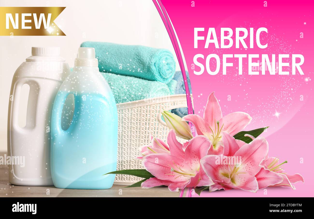 Fabric softener advertising design. Bottles of conditioner, lily ...