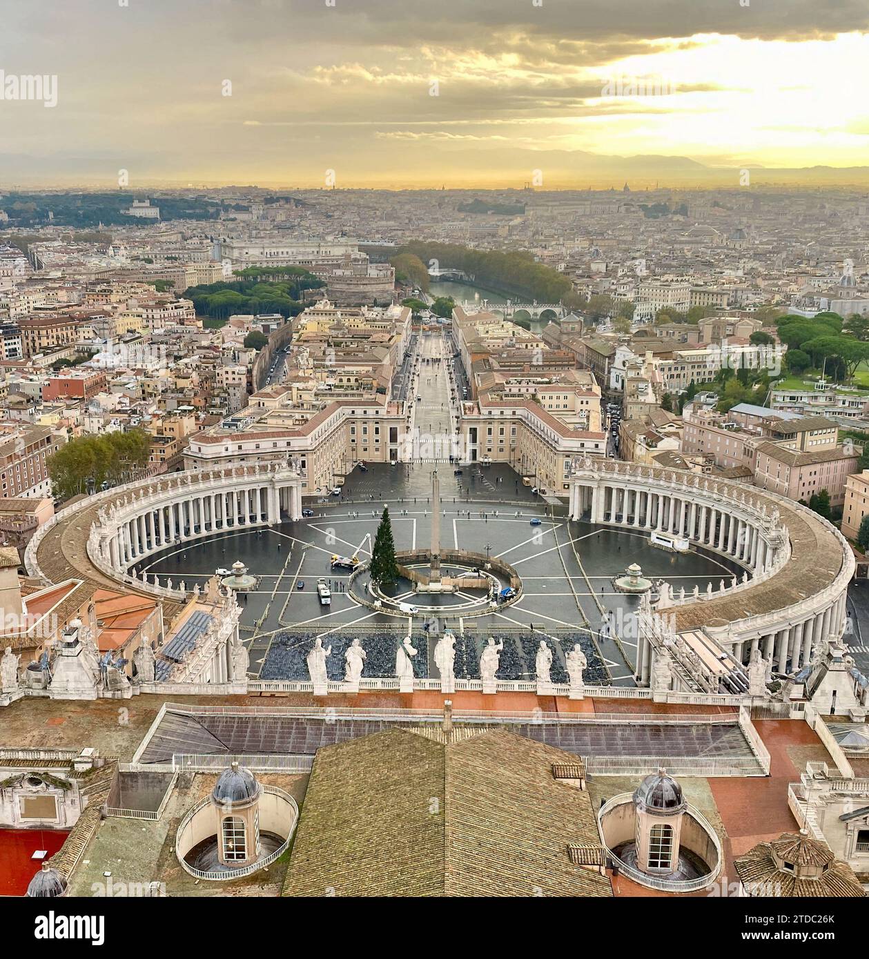 St Peters square in Vatican and view of Vatican City from above the basilica at sunrise Stock Photo