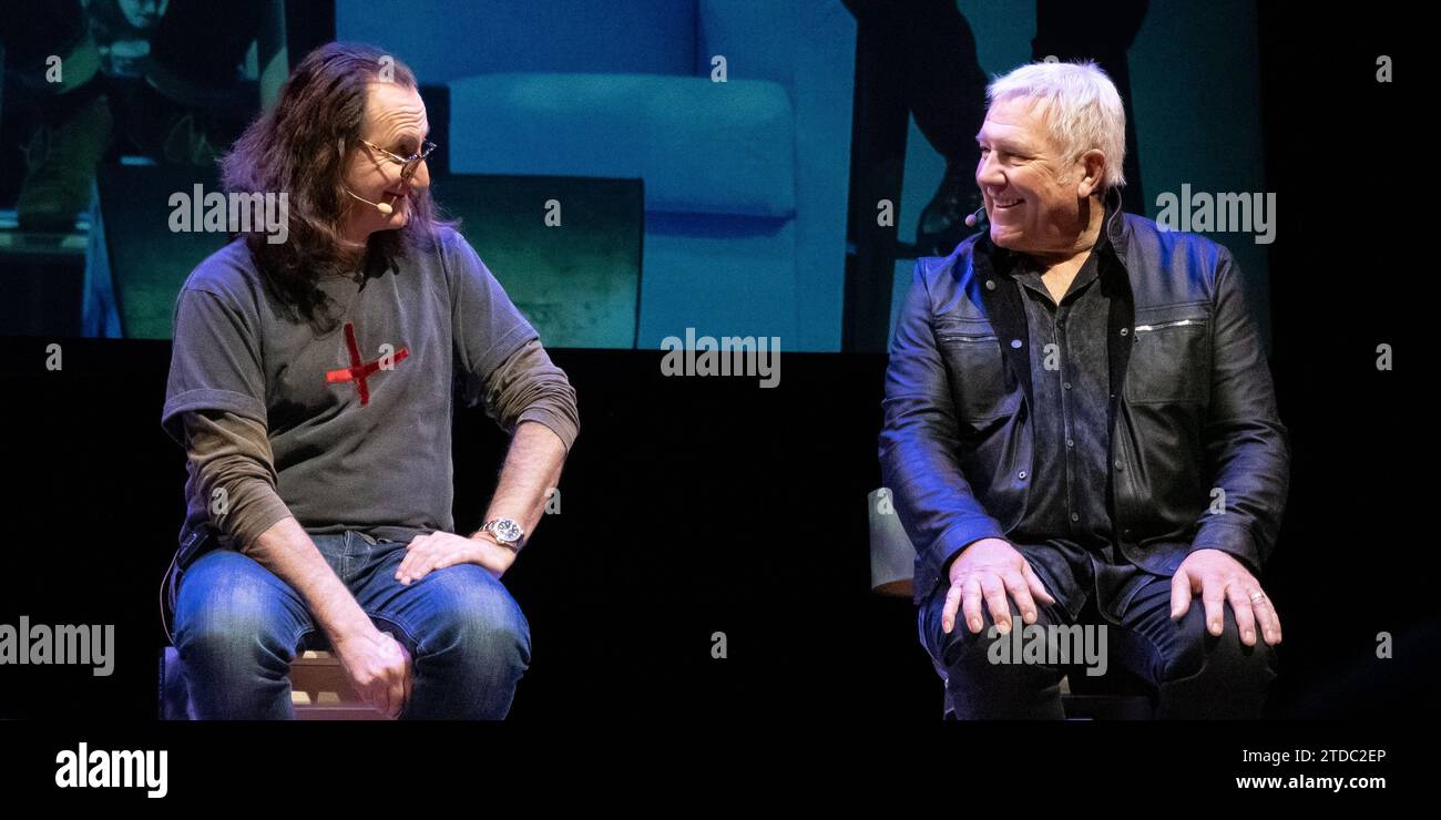 Geddy Lee and Alex Lifeson from Rush at book event on 17 December 2023 Stock Photo