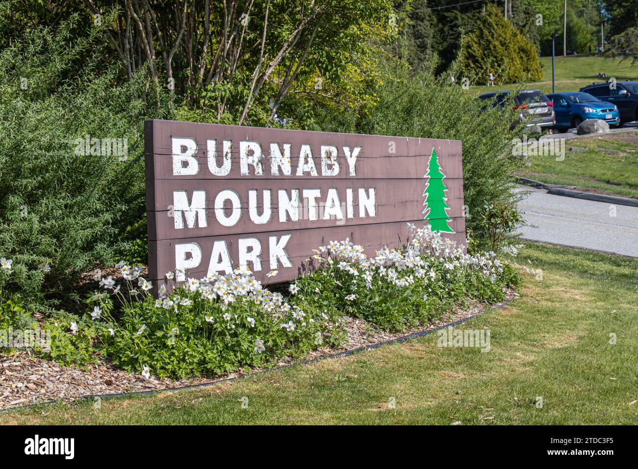 Vancouver, CANADA - May 14 2023 : Burnaby Mountain Park sign seen in sunny day. Stock Photo