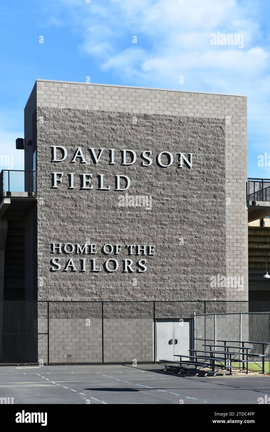 NEWPORT BEACH, CALIFORNIA - 17 DEC 2023: Closeup of the Davidson Field sign, at the football stadium, on the campus of Newport Harbor High School. Stock Photo