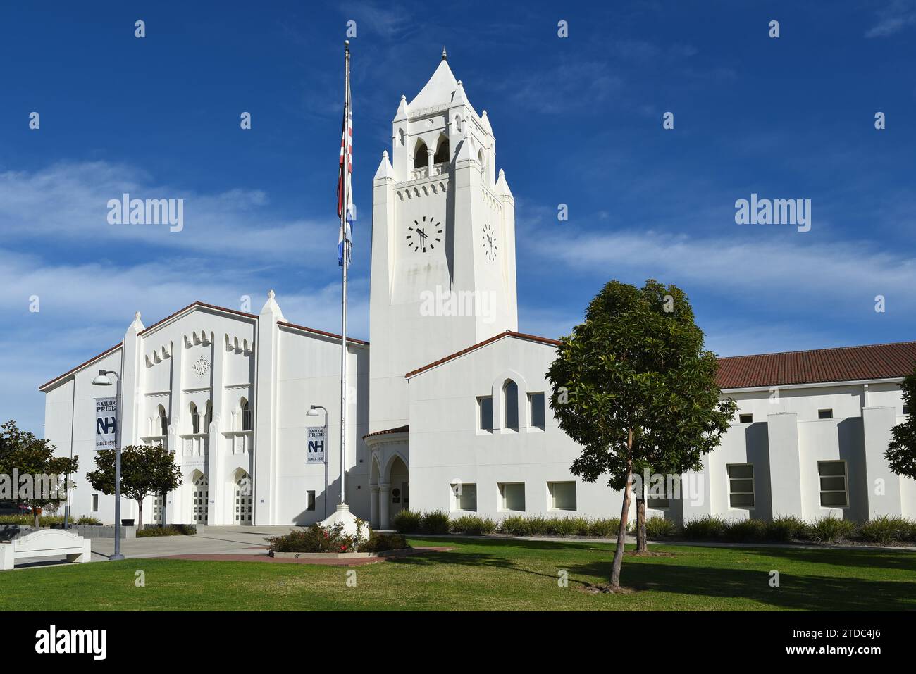 NEWPORT BEACH, CALIFORNIA - 17 DEC 2023: Newport Harbor High School with the Clock Tower and the Robbins-Loats Performing Arts Building. Stock Photo