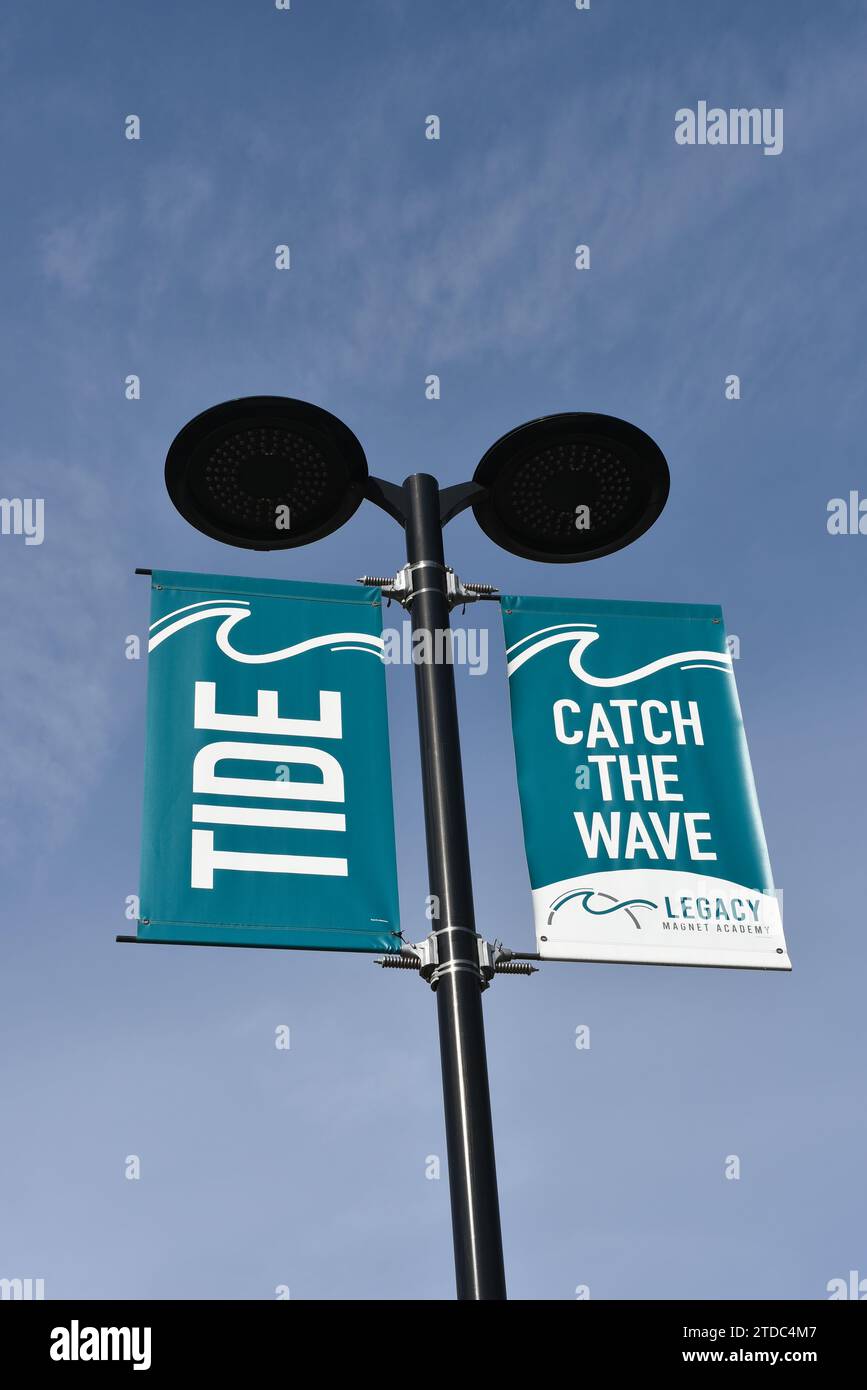 TUSTIN, CALIFORNIA - 11 DEC 2023: Banners at the Tustin Legacy Magnet Academy. Stock Photo