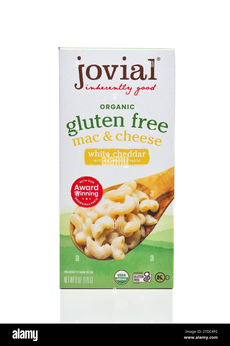 IRVINE, CALIFORNIA - 13 DEC 2023: Jovial Organic Gluten Free Mac and Cheese, white cheddar with brown rice pasta. Stock Photo