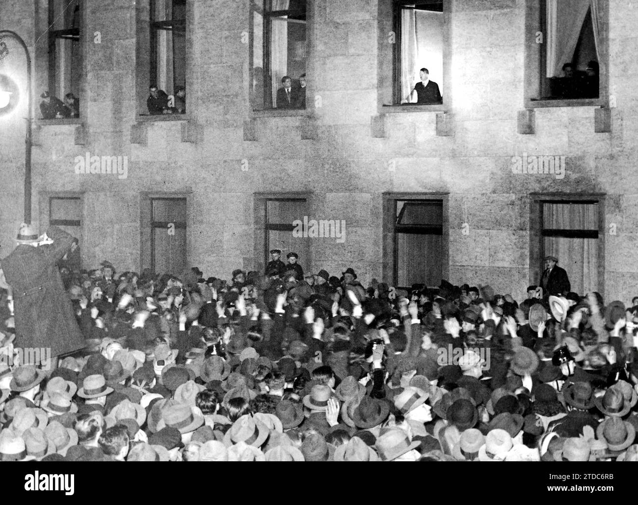 Germany. 01/30/1933. The new Chancellor, Adolf Hitler, in one of the windows of the Chancellery, greeting the crowd that cheers him after taking office, on January 30, 1933. Credit: Album / Archivo ABC / Vidal Stock Photo