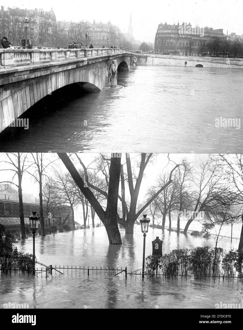 12/31/1919. Paris. Flood of the Seine. 1. The bridge of Alma.2. The River Flooding the Vert Galant Gardens. Credit: Album / Archivo ABC / M. Rol Stock Photo