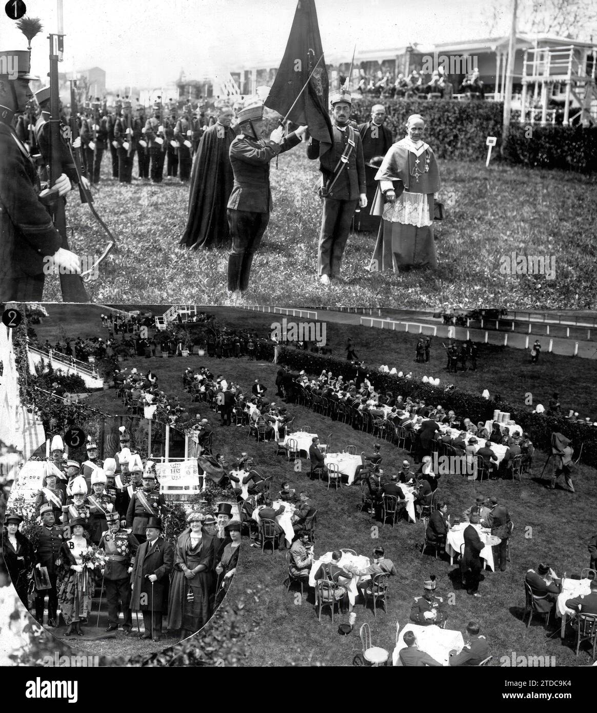 04/21/1920. Madrid. In yesterday's military solemnity. Flag oath by the Recruits of the Savoy regiment .1.The Bishop of Sion Taking the oath To the Soldiers.2. 'the Lunch'.3. The Italian ambassador and his wife with the Captain General's cousin Rivera and Other Distinguished Guests at the event. Credit: Album / Archivo ABC / José Zegri Stock Photo