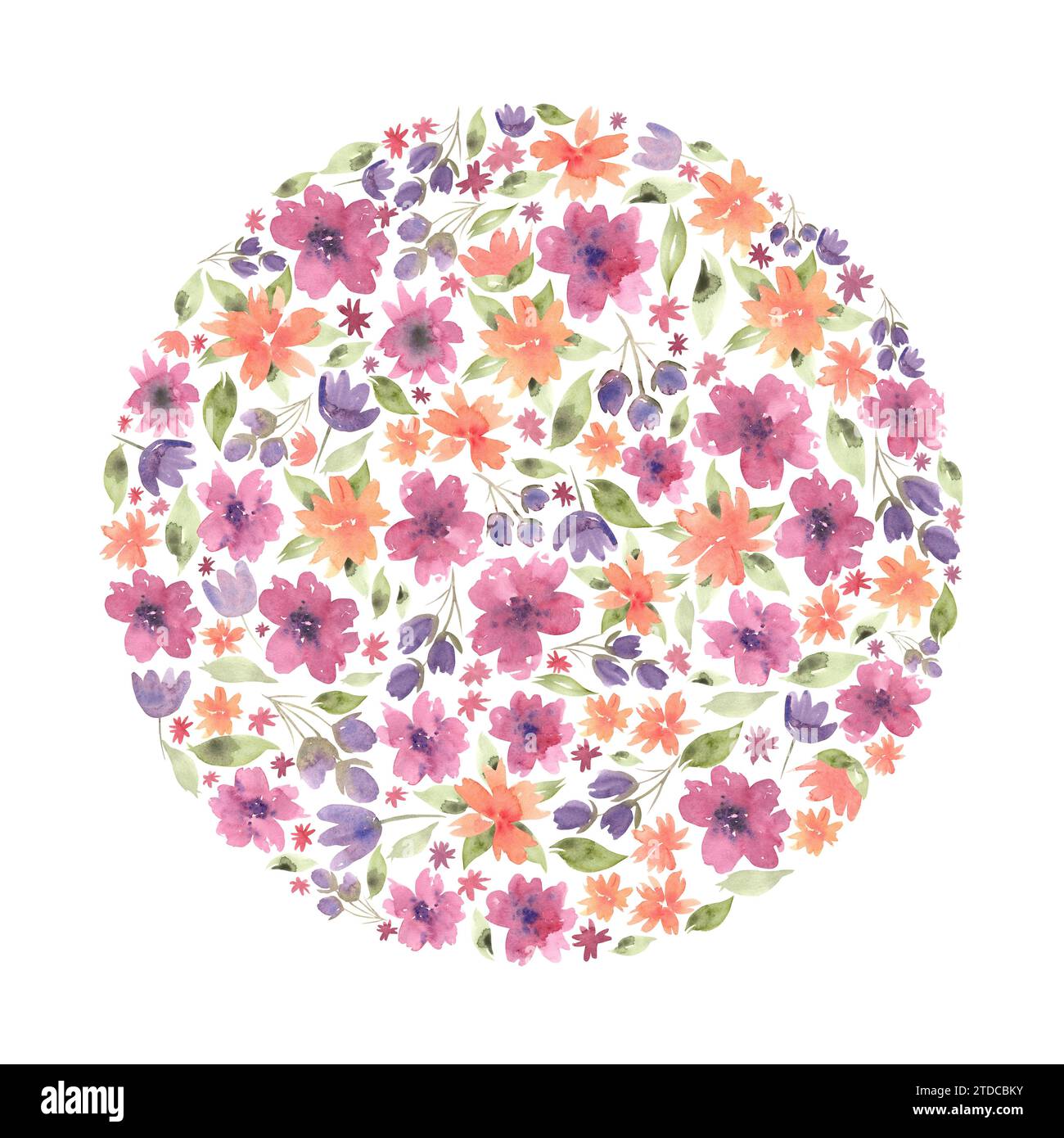 Watercolor floral round composition of different flowers and green leaves. Hand drawn illustration of botanical template for greeting cards or wedding Stock Photo