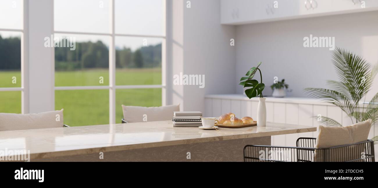 Closeup image of a modern, luxury dining room in a kitchen with a