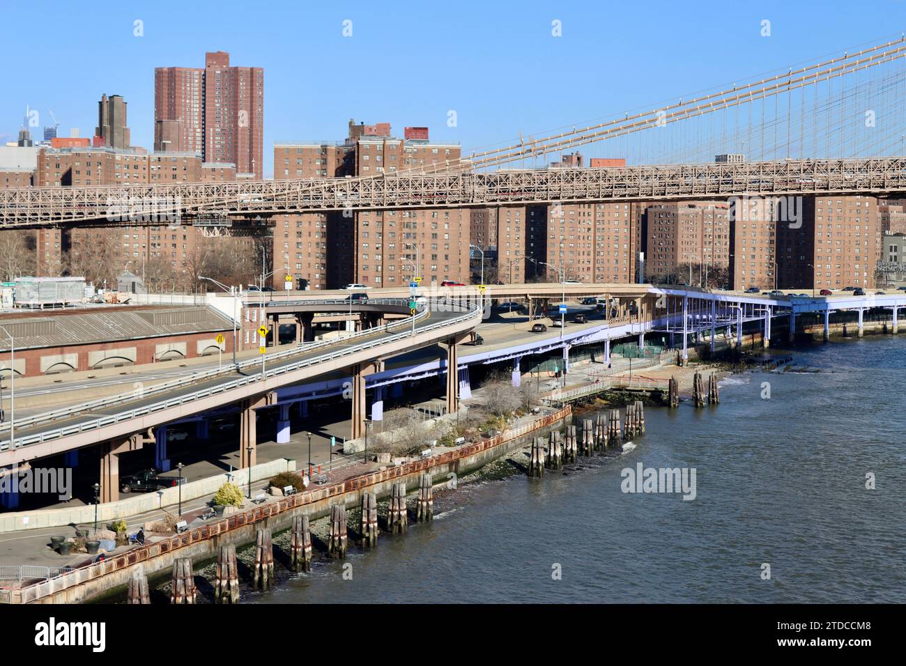 FDR drive exits to lower Manhattan with Smith houses at Brooklyn Bridge