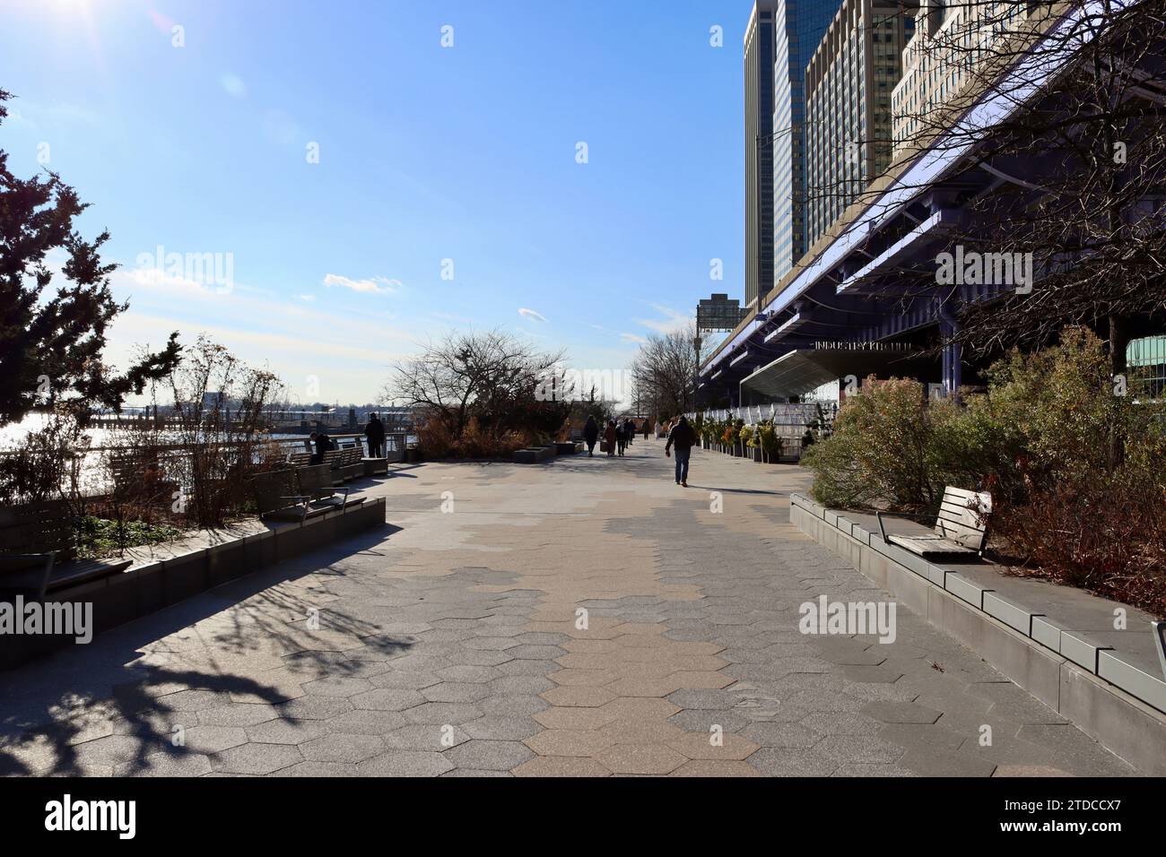 East River Esplanade along East river and under FDR drive in lower Manhattan, New York Stock Photo
