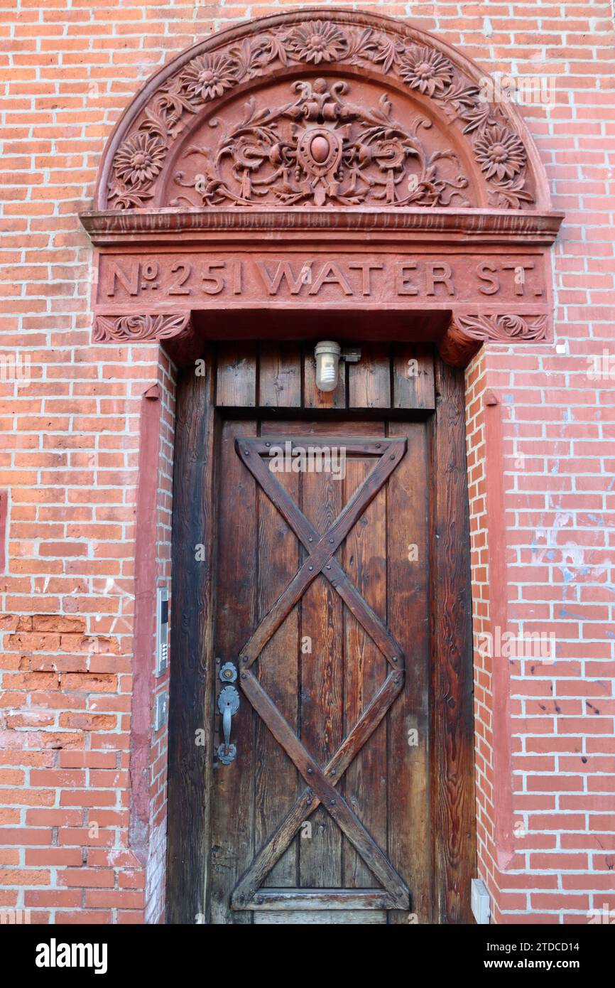 Old beautiful door on Water street at South Street Seaport in lower