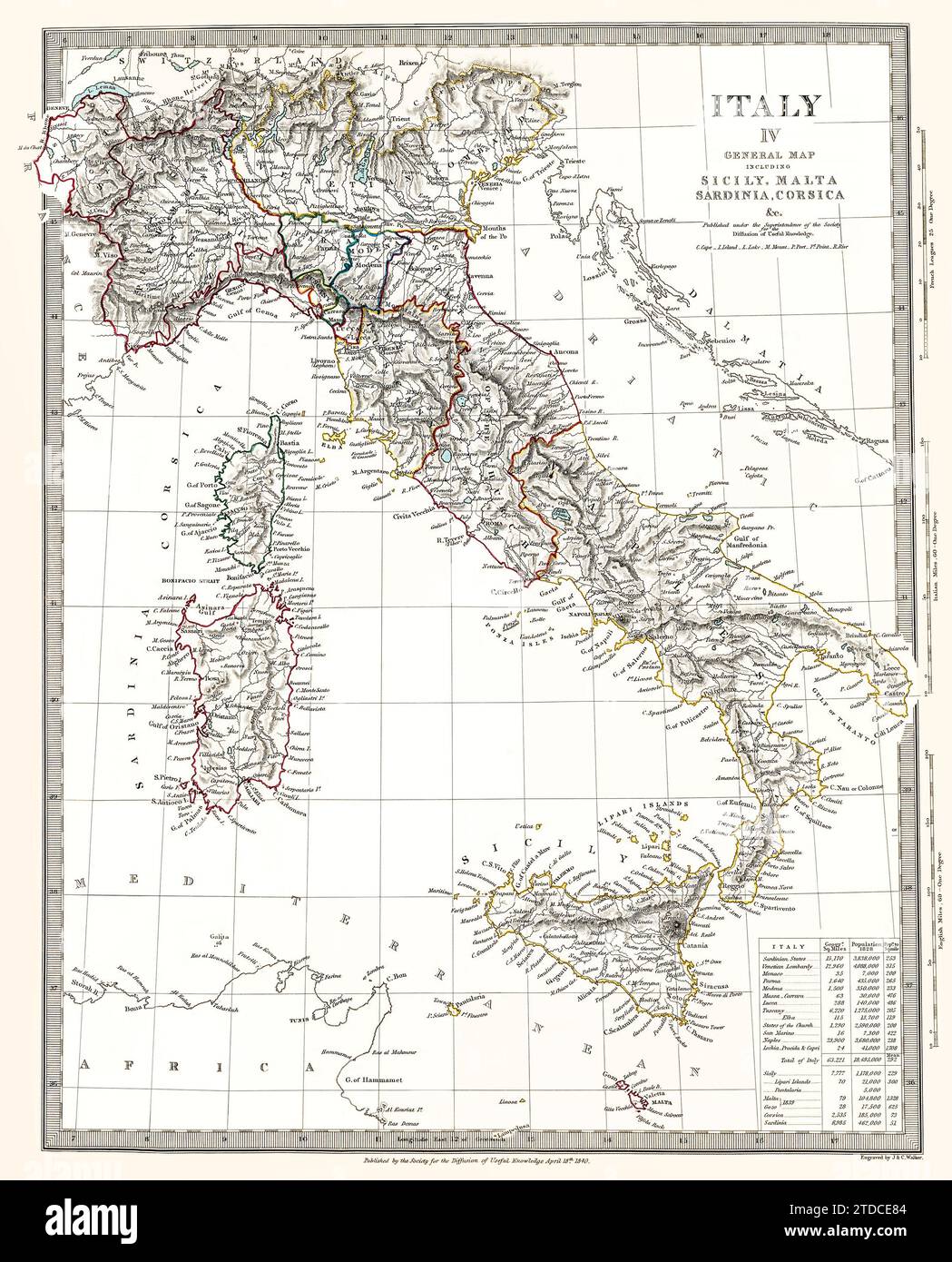 This is a digitally enhanced, restored reproduction of a beautifully detailed antique map of Italy showing political boundaries, outlined in color as existed around 1840. Population data is in a table on the lower right. The map was published in 1844. This is one of a series of maps published by the Society for the Diffusion of Useful Knowledge, a British organization. Stock Photo
