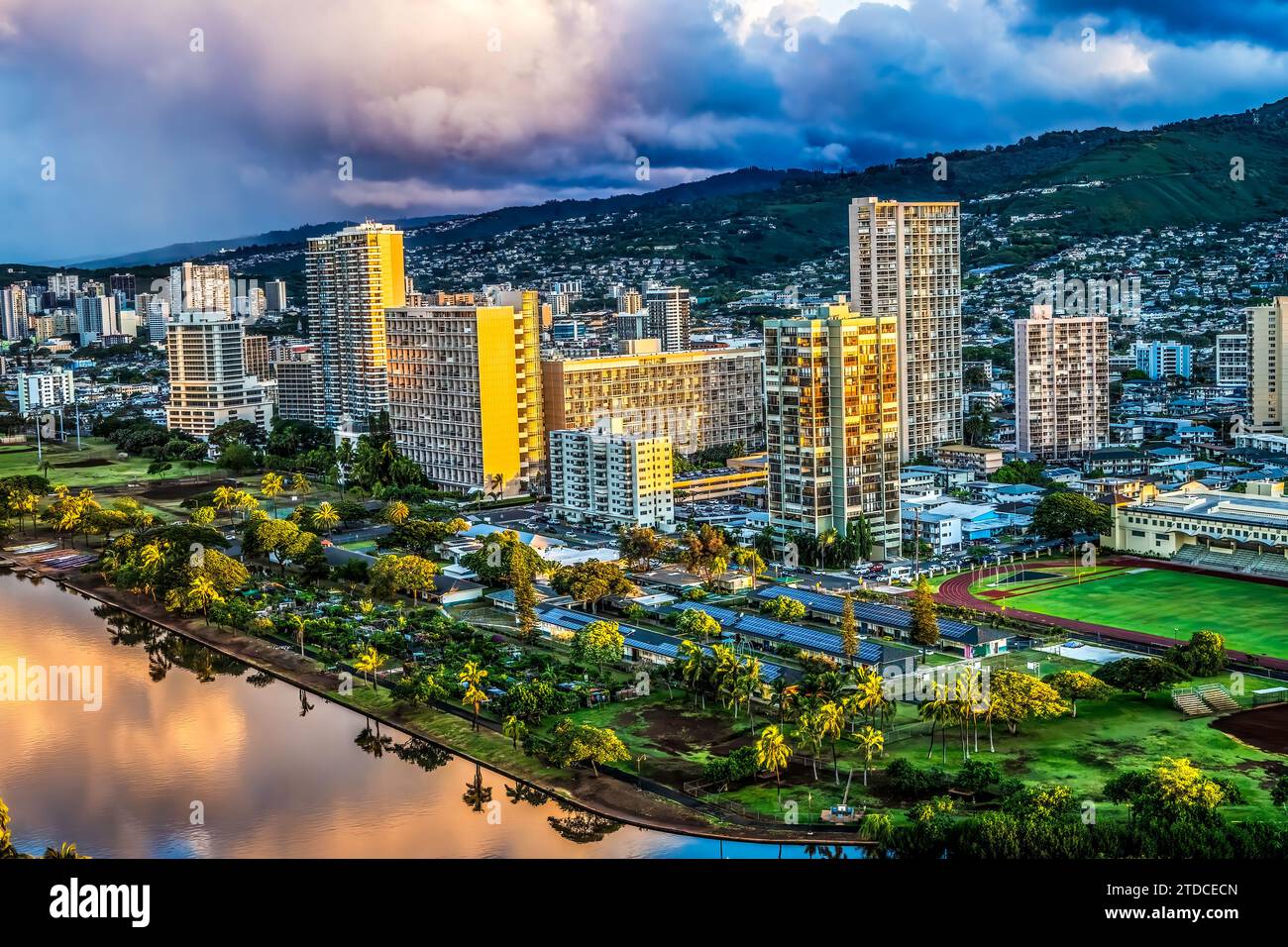 Colorful Pink Clouds Waikiki Ala Wai Canal Reflection Hotels Apartment