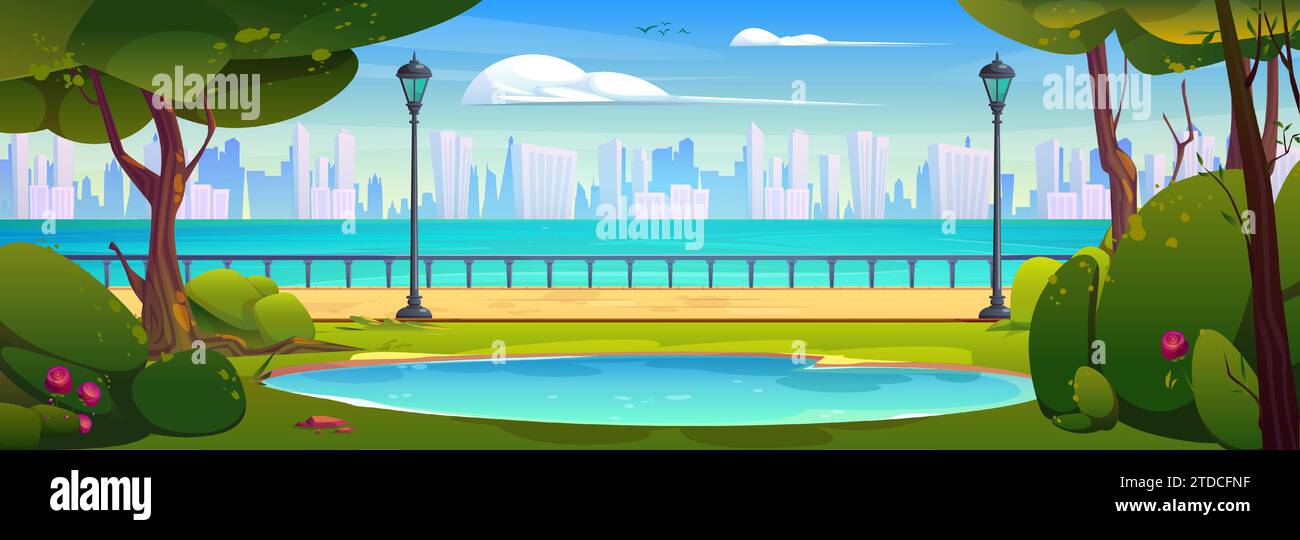 Summer day on city promenade with lake. Vector cartoon illustration of urban park alley with street lanterns, green trees, bushes, grass, flowers, modern buildings on opposite bank, birds in blue sky Stock Vector