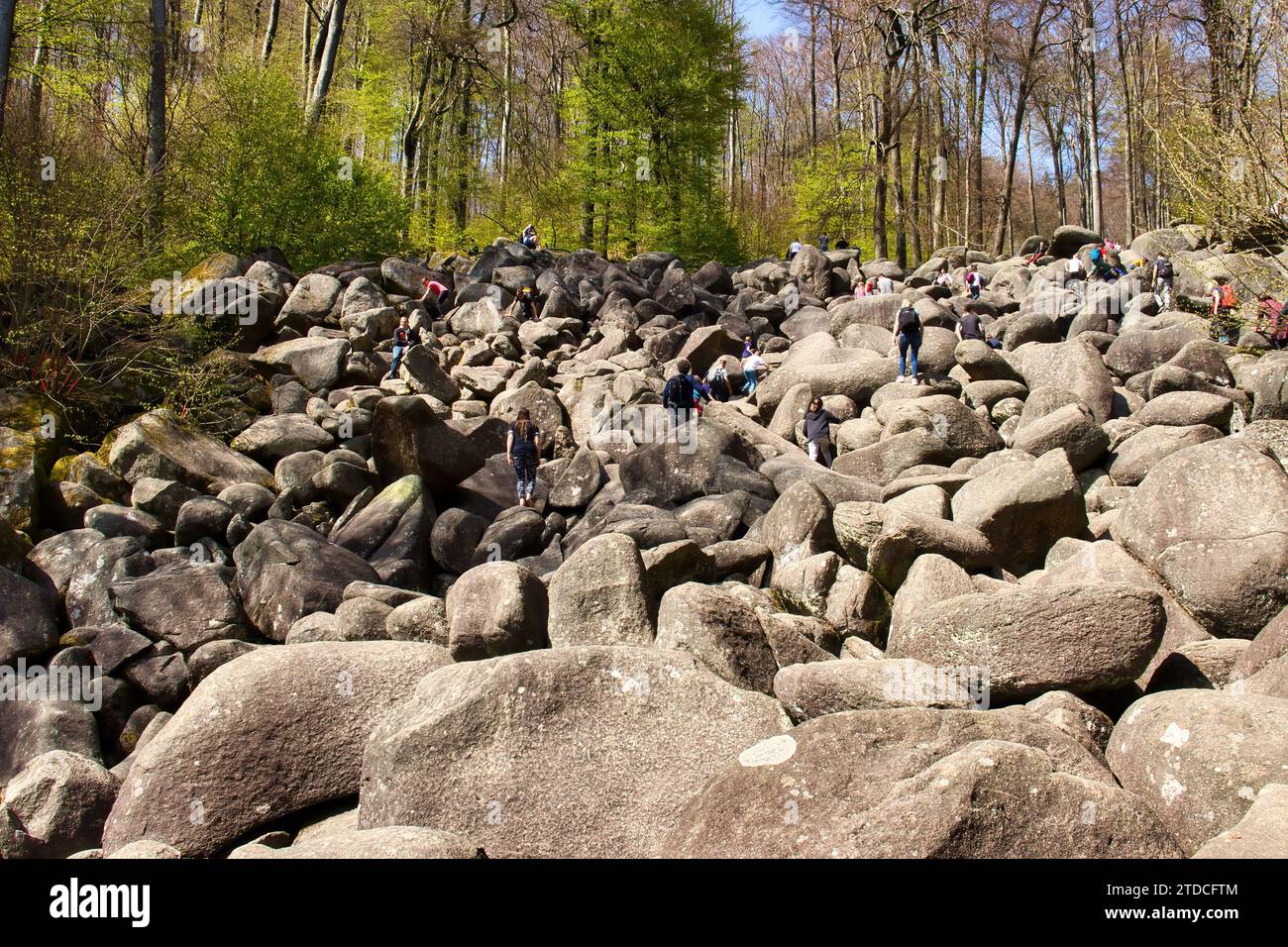 Lautertal, Germany - April 24, 2021: Felsenmeer, a hill covered in rocks, with people climbing on a warm spring day in Germany. Stock Photo