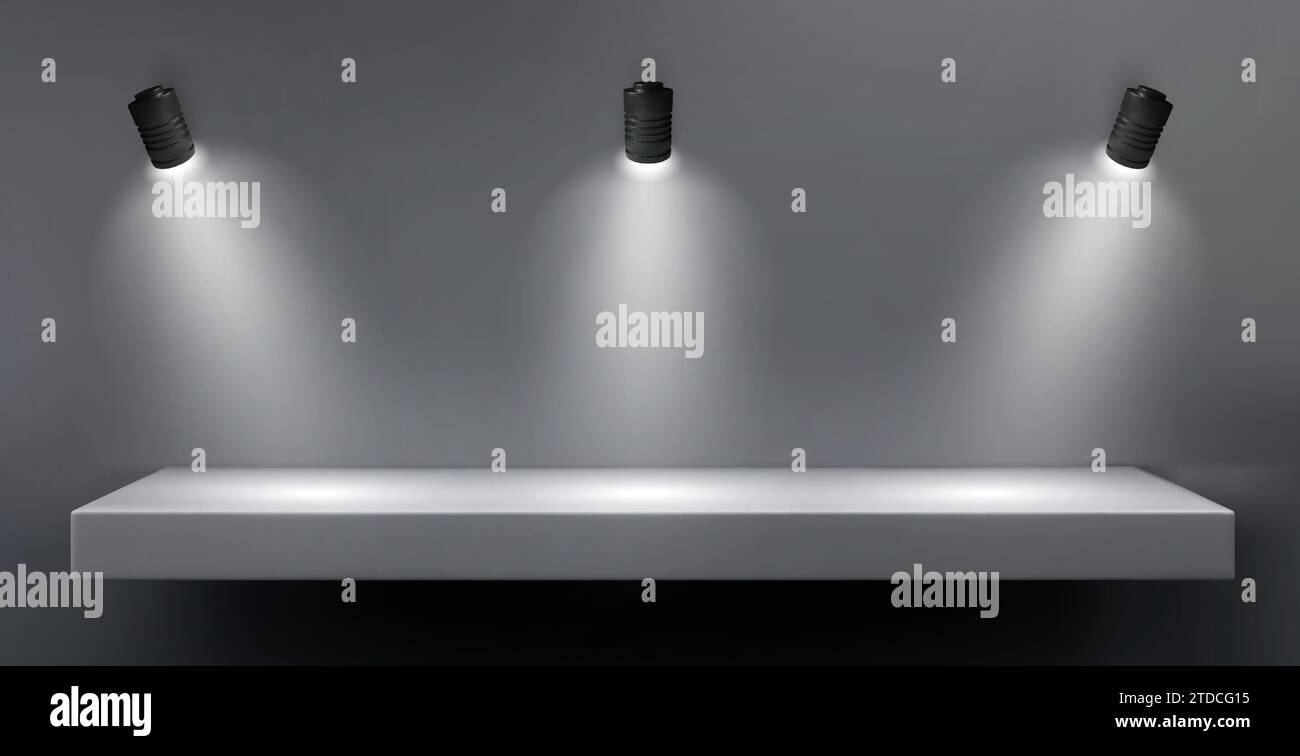 Wall with shelf and spot light lamp for product display. Realistic vector illustration of empty platform illuminated by spotlight. Mockup of gallery or exhibition studio podium with highlight. Stock Vector