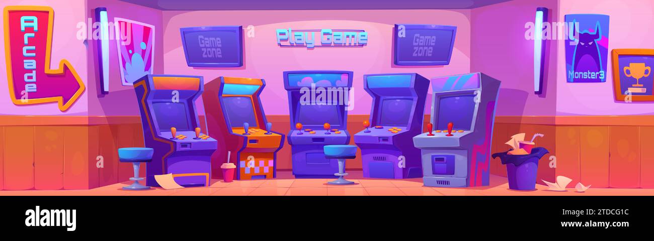 Game club room interior with retro arcade machine and banners. Cartoon vector illustration of vintage 80s console with joystick controller and screen. Old electronic videogame entertainment hall. Stock Vector