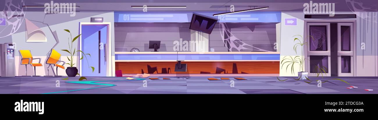 Destroyed hospital lobby interior. Vector cartoon illustration of large waiting hall with broken computers on reception desk, cracks and cobweb on walls, paper on floor, abandoned haunted clinic Stock Vector
