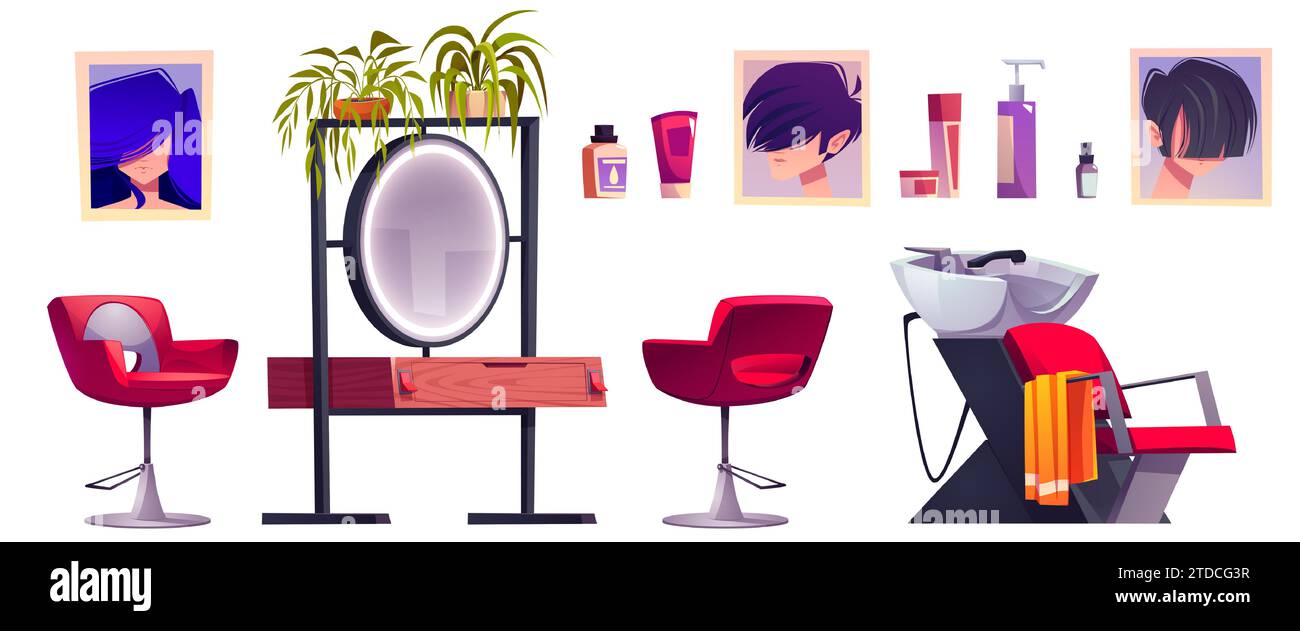 Beauty salon interior equipment and cosmetics. Cartoon vector illustration set of hairdresser shop and studio room furniture - armchair and mirror with table and drawer, sink to wash hair, wall poster Stock Vector