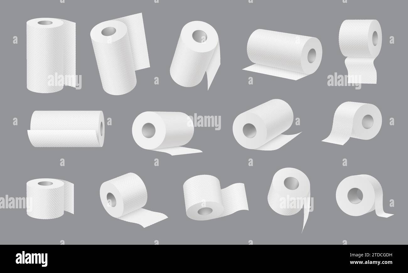 Realistic toilet and towel paper, hygiene icons. Kitchen cleaning towels. Lavatory, bathroom toilet paper rolls or tubes, shop payment receipt spools isolated 3d vector mock up set Stock Vector