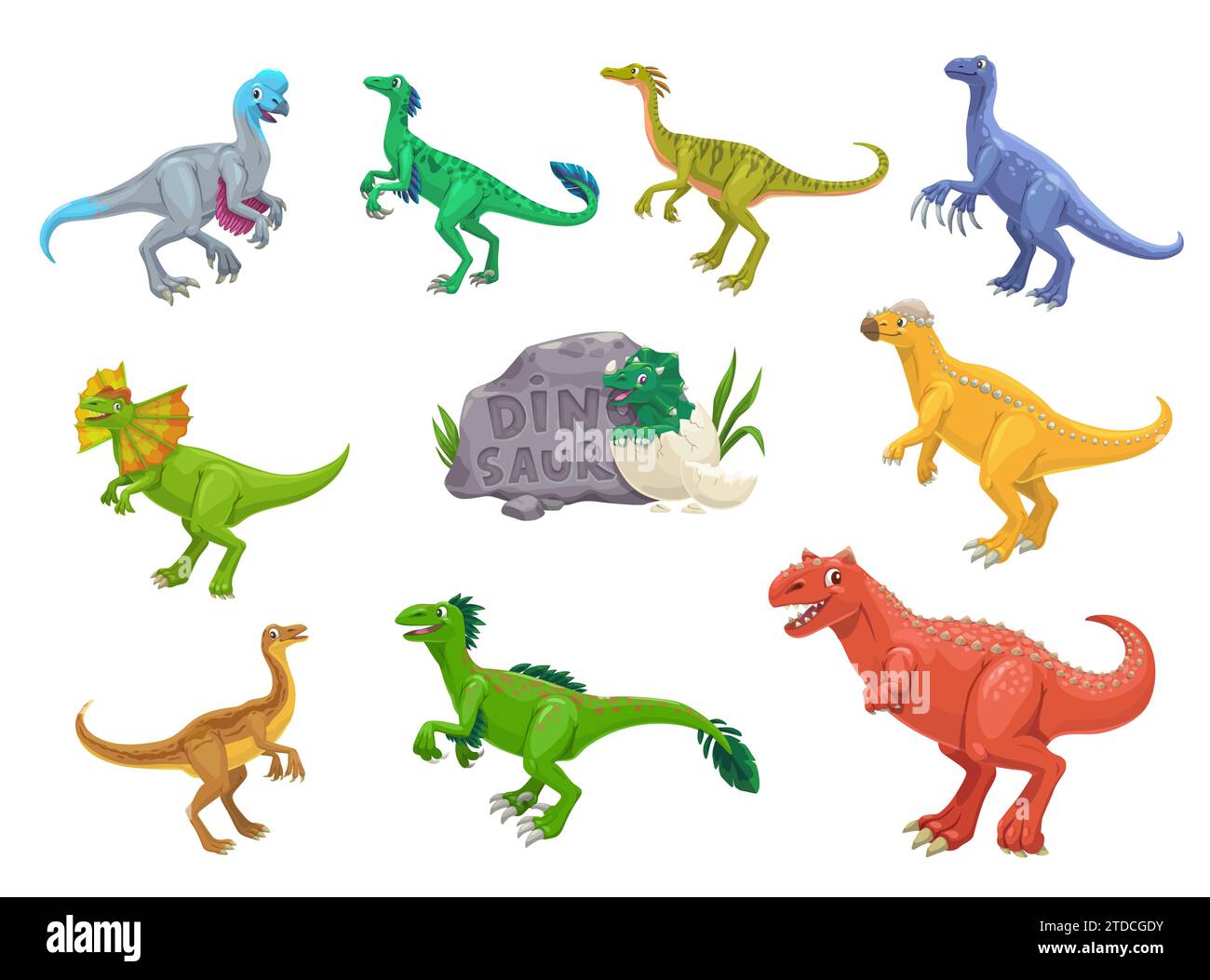 Cartoon dinosaurs reptiles cheerful characters. Extinct reptile, Jurassic era Oviraptor, Troodon, Compsognathus and Therizinosaurus, Dilophosaurus, Pachycephalosaurus dinosaur vector cute personages Stock Vector