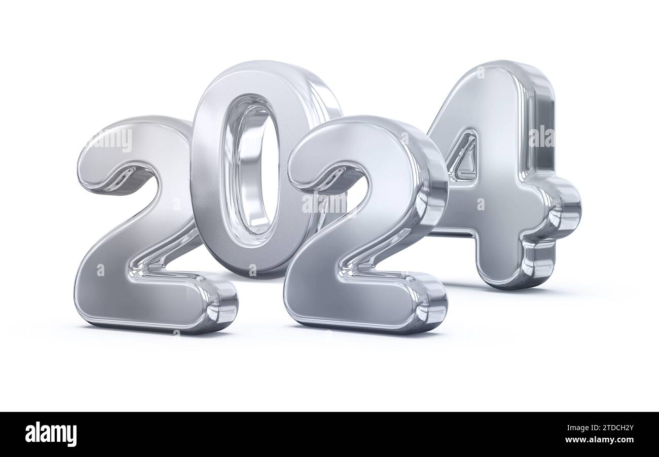 Holiday background happy new year 2024. Year numbers 2024 made of silver color isolated on transparent background. Celebrating the New Year holiday Stock Photo