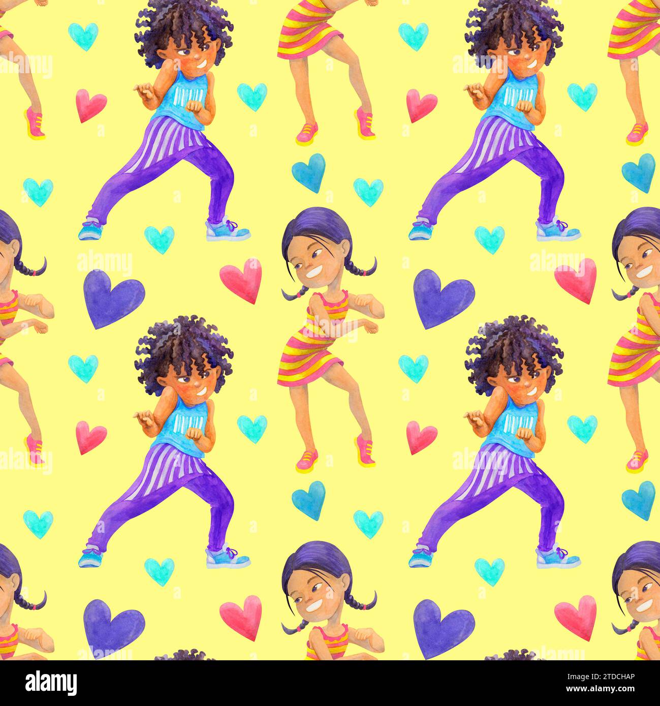 Cartoon seamless pattern with happy boys and girls dancing and having fun in kids party. Celebrating concept. Creative children decor for fabrics Stock Photo