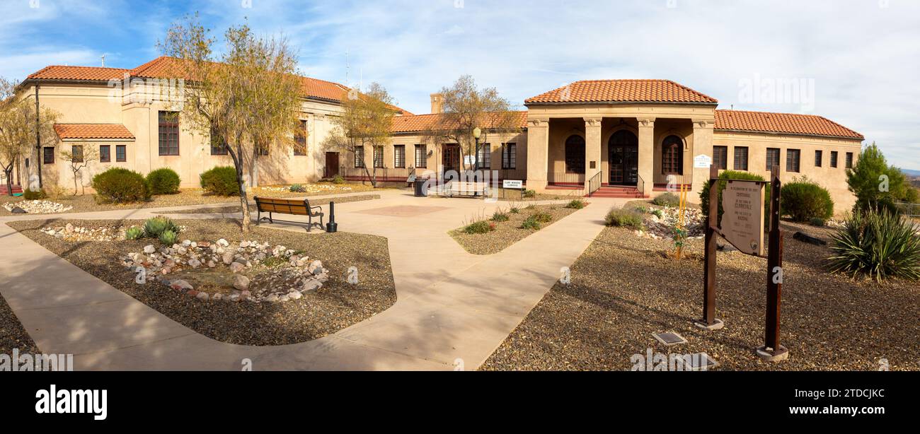 Clarkdale Arizona William Clark Memorial Clubhouse Building Exterior Centennial Front Sign Panorama. Placed on US Register of Historic Places in 1982 Stock Photo