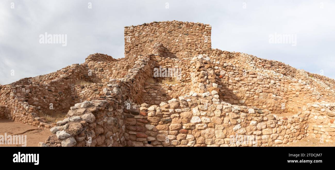 Ancient Native Apache Indian Pueblo Old Indigenous Sinagua Stone Ruins Panoramic Exterior View. Tuzigoot National Monument Clarkdale Arizona USA Stock Photo